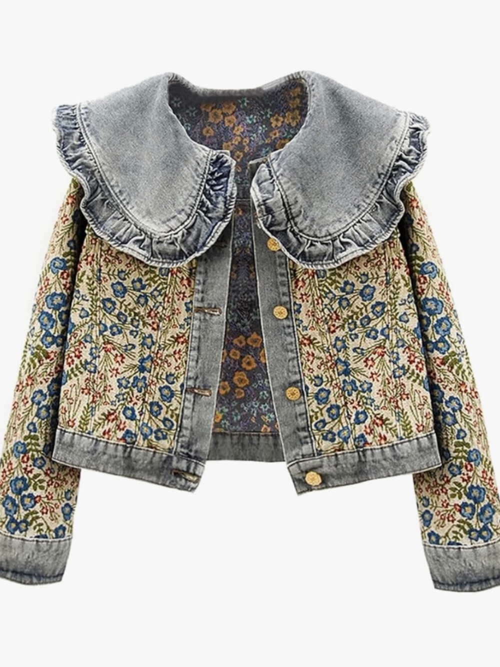 Women’s Sweet Peter Pan Collar Long Sleeve Jacquard Denim Jacket